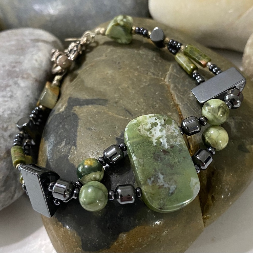 Handmade Mossy Green Double Strand Natural Stone Jasper and Hematite Bracelet